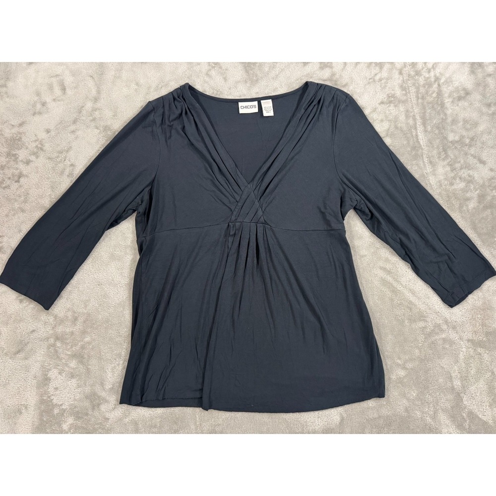 Chicos Top Womens 2 Black Surplice 3/4 Sleeve Viscose‎ Blend V Neck Stretch